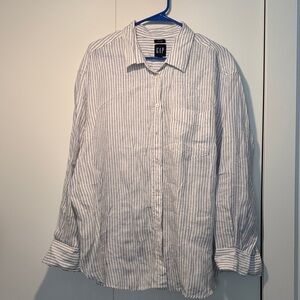 GAP Women’s Oversized Linen Casual White and Blue Striped Shirt